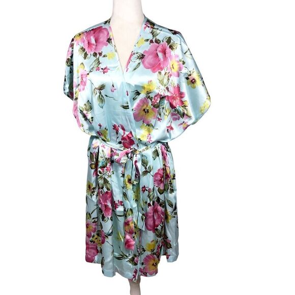 LA Intimates Robe Womens Size 1X Blue Pink Cottagecore Kimono Wrap Silky New - Picture 2 of 8